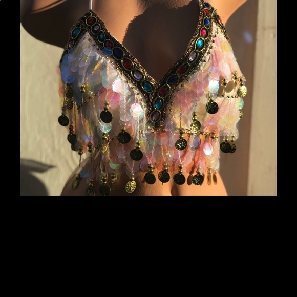 Reflective sequin iridescent hologram gypsy top festival white shirt rave dance - Picture 2 of 5